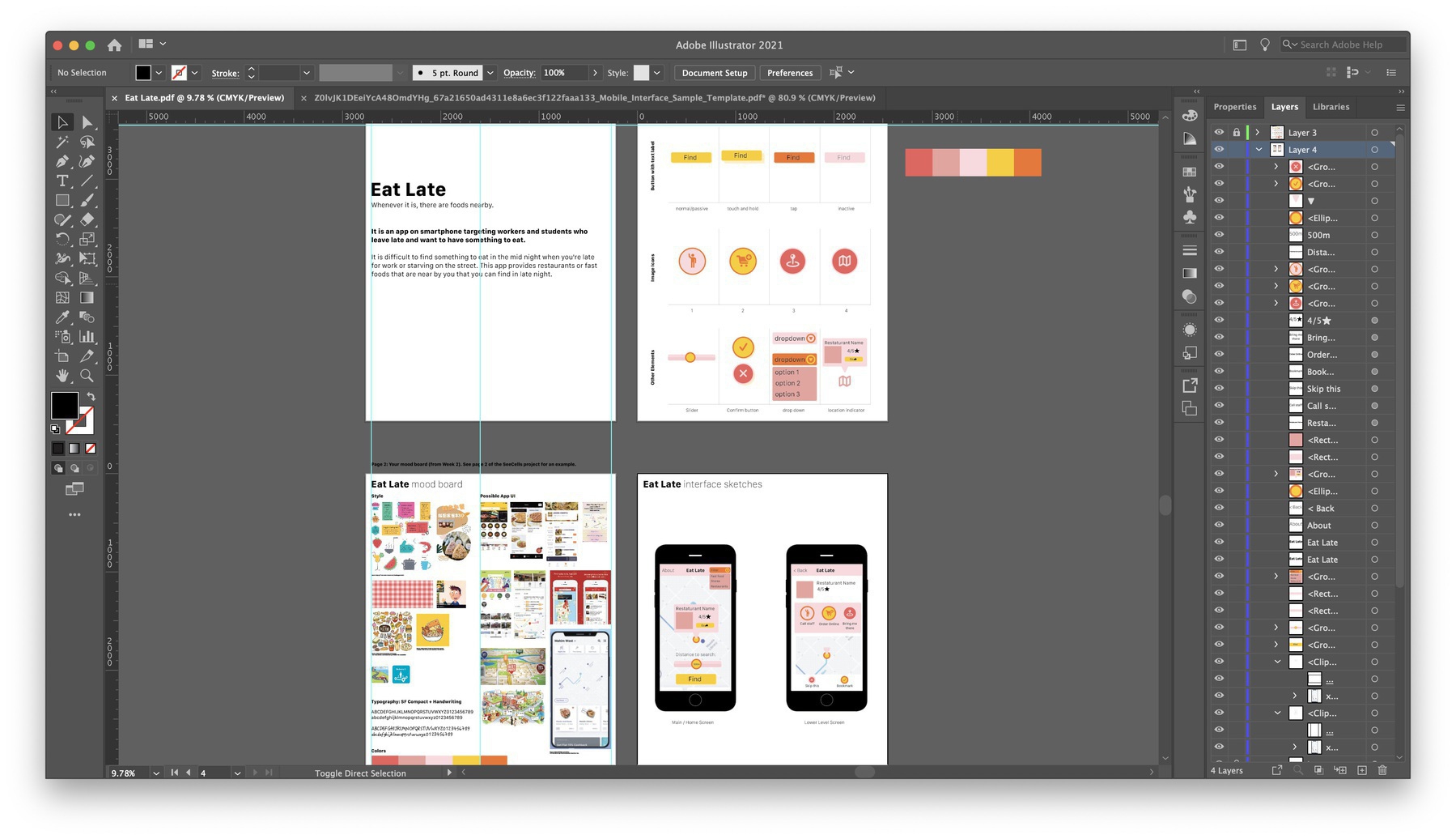 A screenshot of Adobe Illustration software with 4 pages of app sketches and mood board.